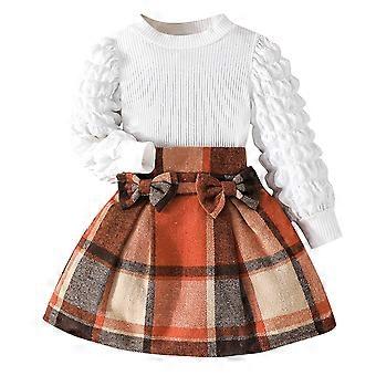 Conjunto de roupa infantil Ediodpoh para menina, composto por blusa de manga comprida xadrez e saia com laço, duas peças, laranja, tamanho 7-8 anos.