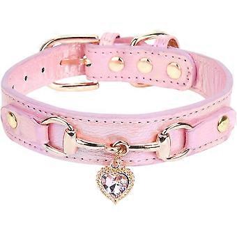 Fashion Dog Collar with Bling Diamonds & Heart Charm – 5 Holes Adjustable PU Leather Rhinestones Necklace Collar, Gold Buckle for Small Dogs Girl (P