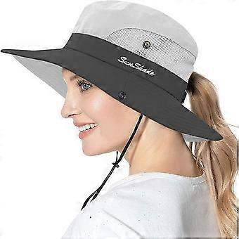 Women's Ponytail Sun Hat UV Protection Foldable Mesh Wide Brim Beach Fishing Hat