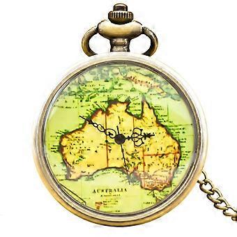 Vintage Bronze Australia Map Quartz Pocket Watch Necklace Chain Pendant Gift