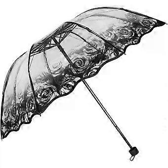 Folding Umbrella Compact Windproof with Black Rose Pattern