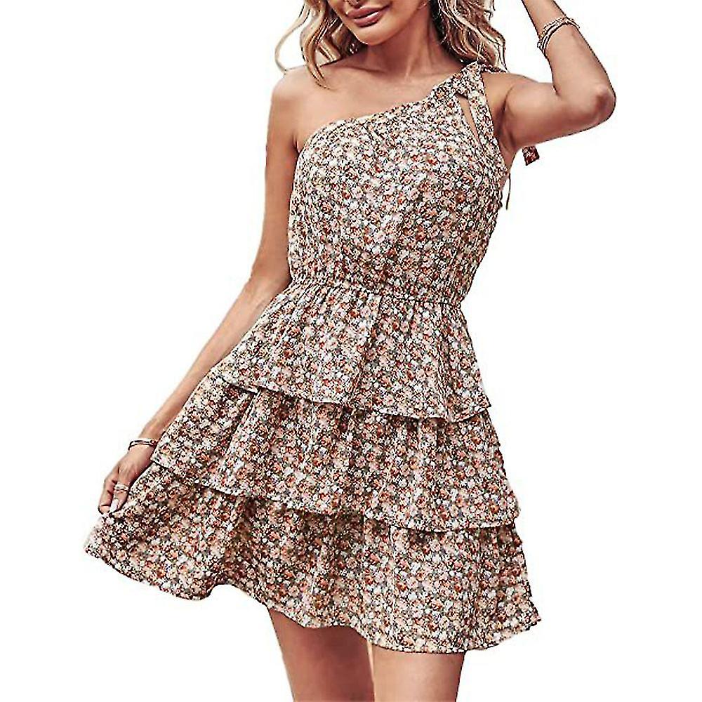 2022 Sloping Shoulder Strapless Print Multi-layer Sleeveless Lace-up Dress Floral