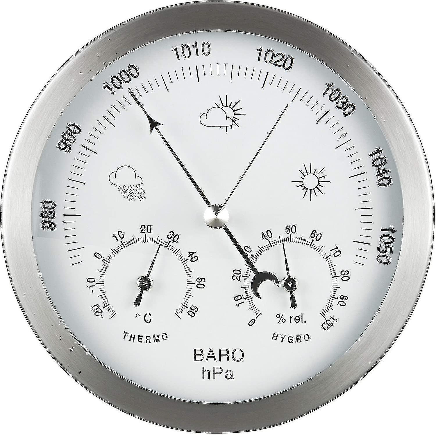 Barometer værstasjon 3-i-1 rustfritt stålramme 14 cm termometer