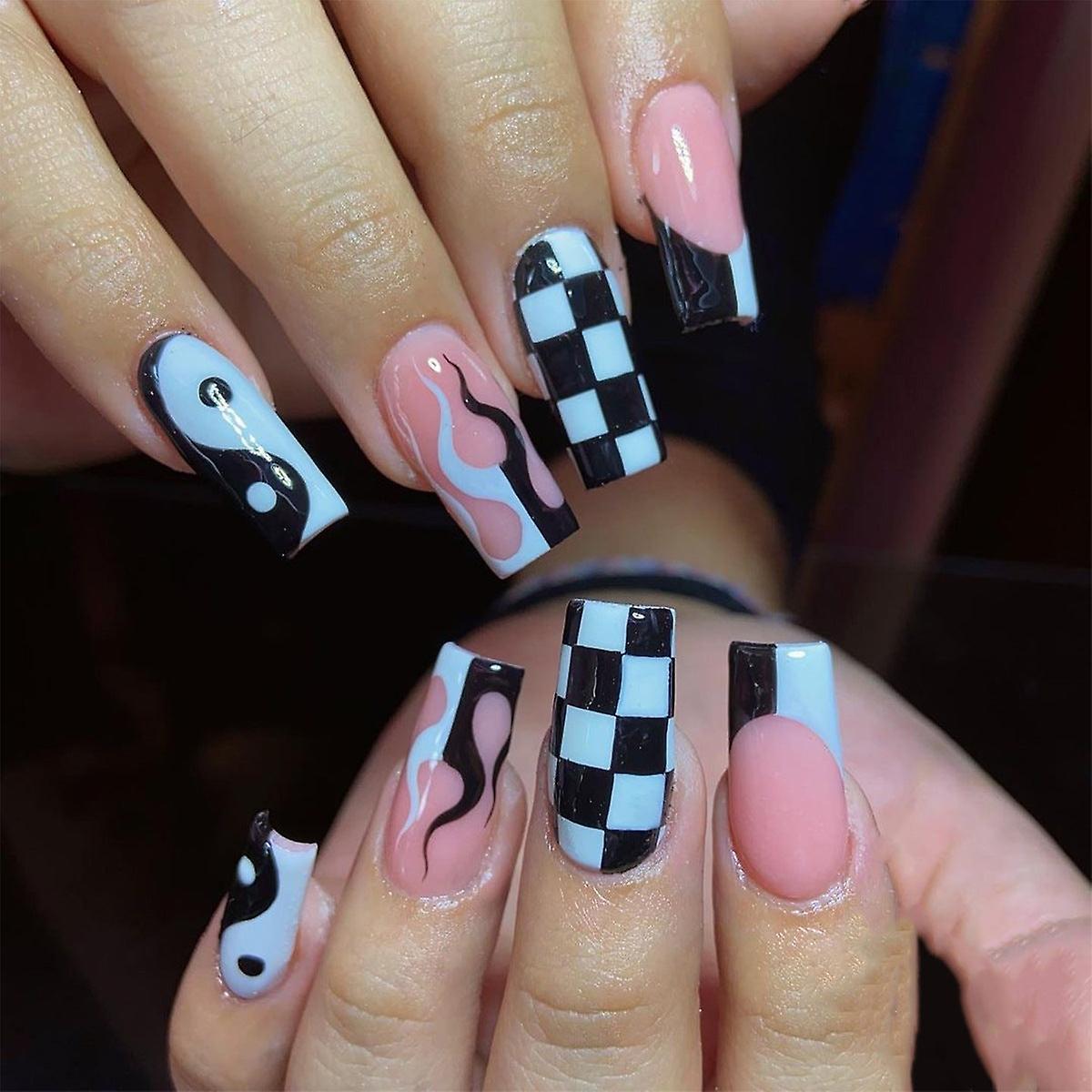 False Nail Tips Fake Artificial Art DIY Finger Cover Black And White Flame Chessboard Detachable