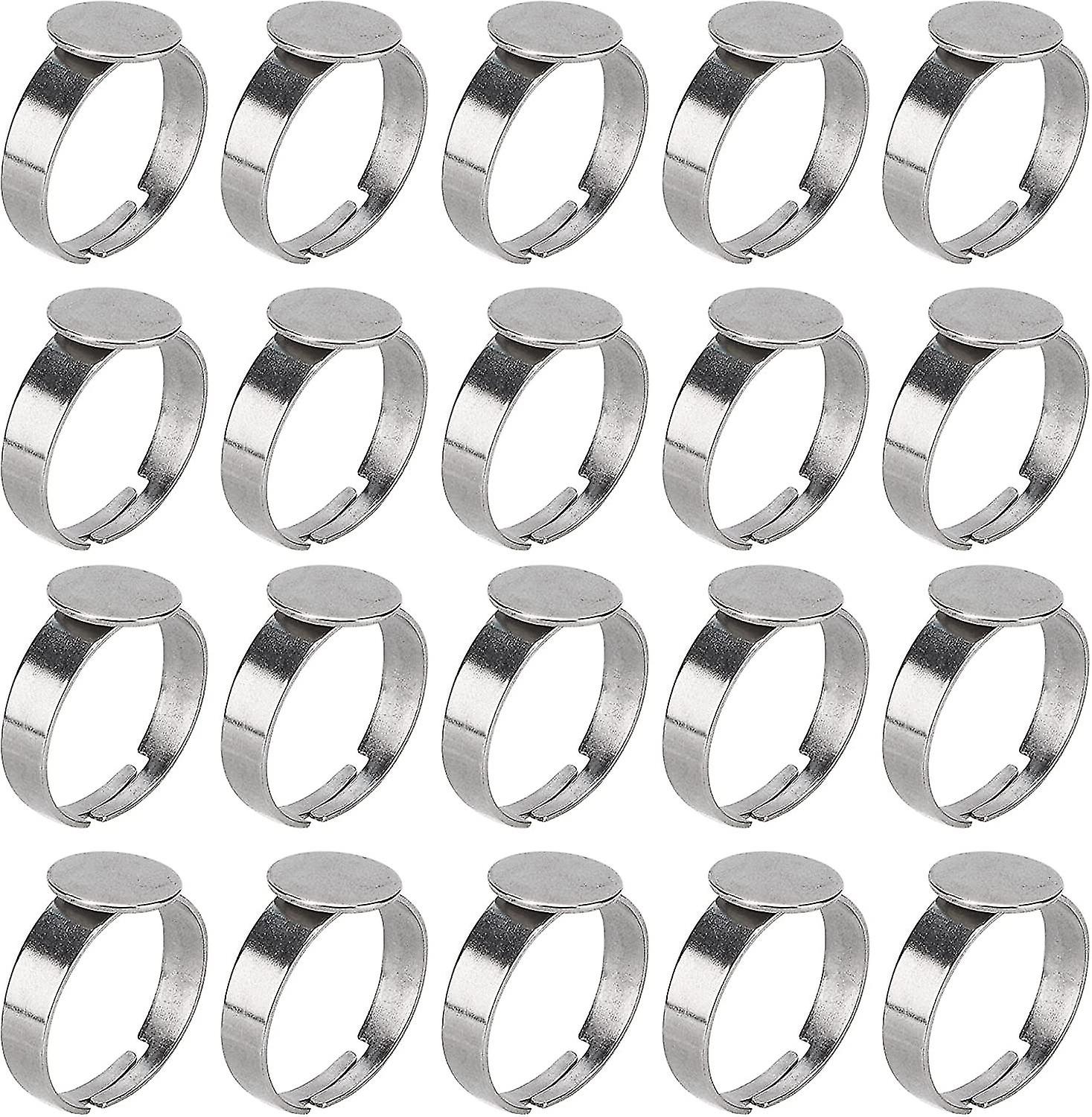 20 Pieces, Cabochon Ring, 10mm Adjustable Ring Bare Stainless Steel Pad Ring Base Flat Blank Ring