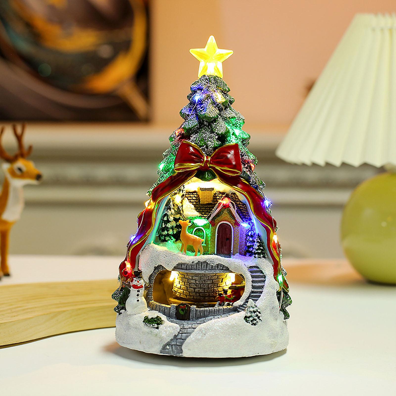 Christmas Tree Snow House Ornaments LED Lighted Christmas Collectible Buildings for Christmas Indoor Decorations