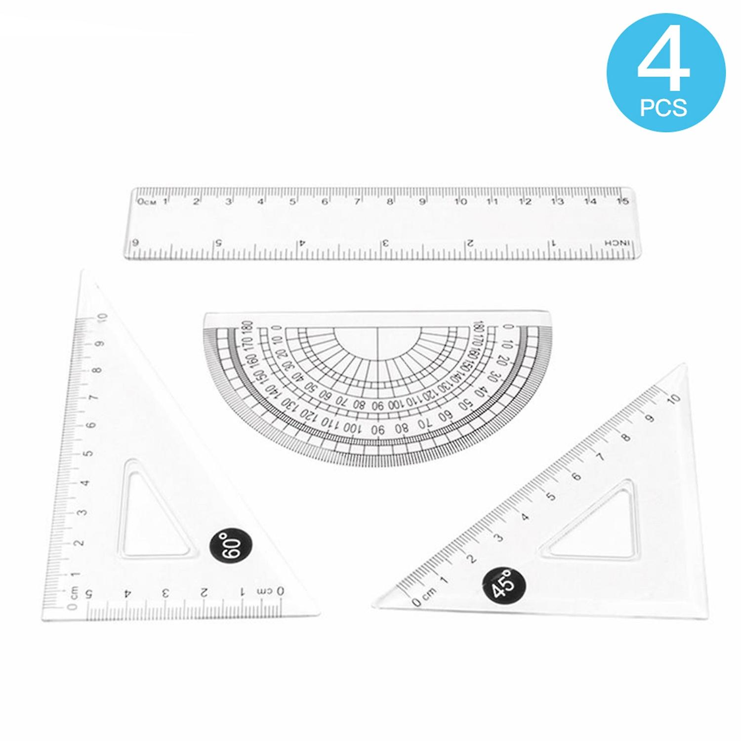 4 Pieces Clear Plastic Math Geometry Tool Ruler Set Includes 6-Inch Straight Ruler & 2pcs Triangle R
