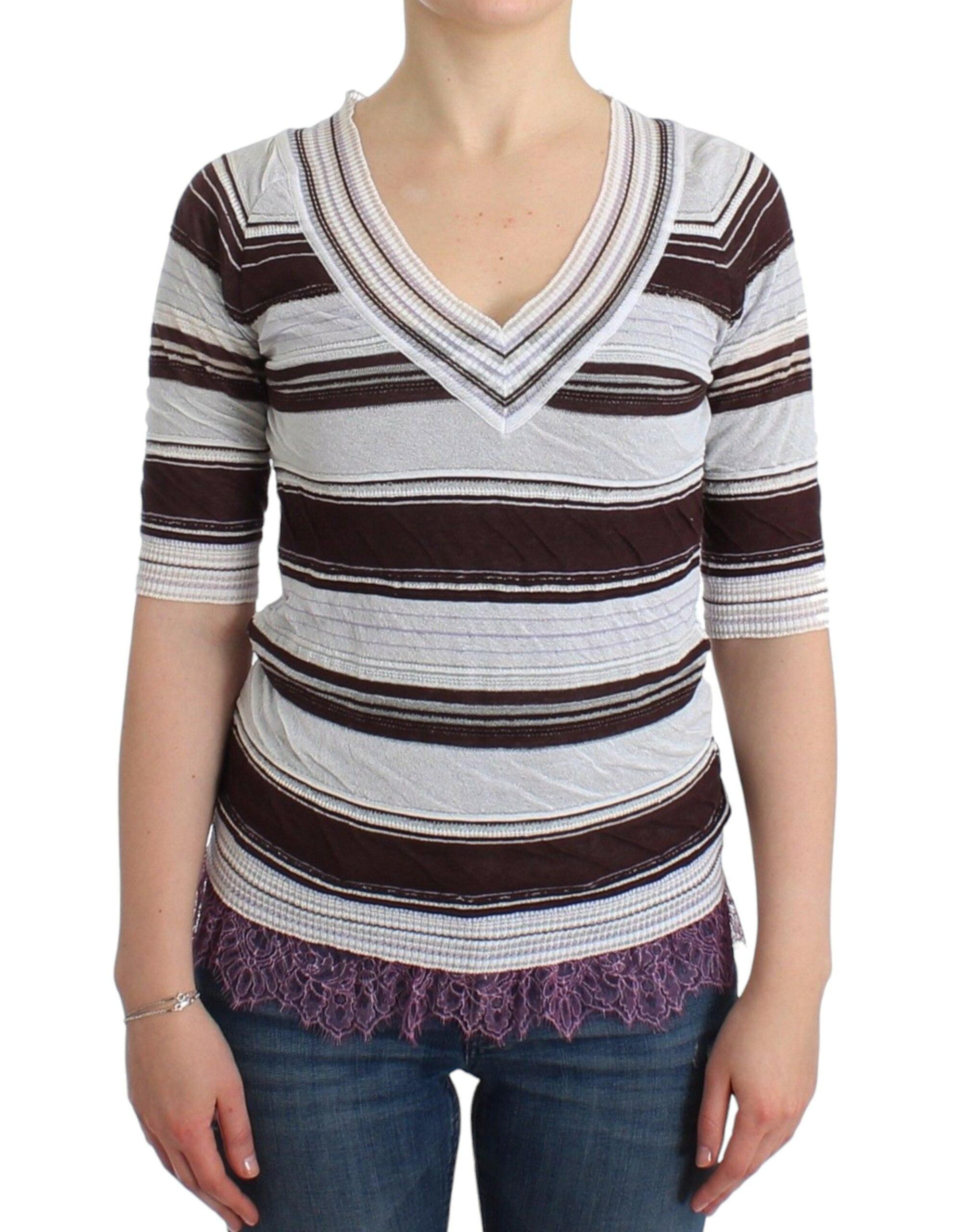 Striped Lace V-neck Short Sleeve Top Sweater