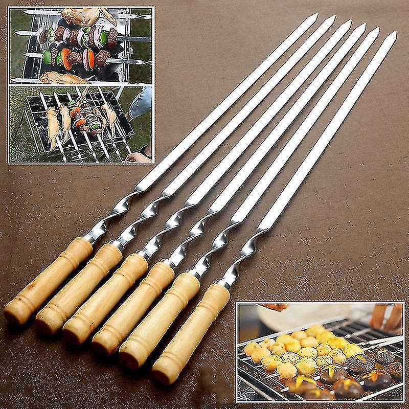 6 stk Rustfritt stål Bbq Flate spyd Utendørs Grill Langt håndtak Grill Stick-g-YUHAO
