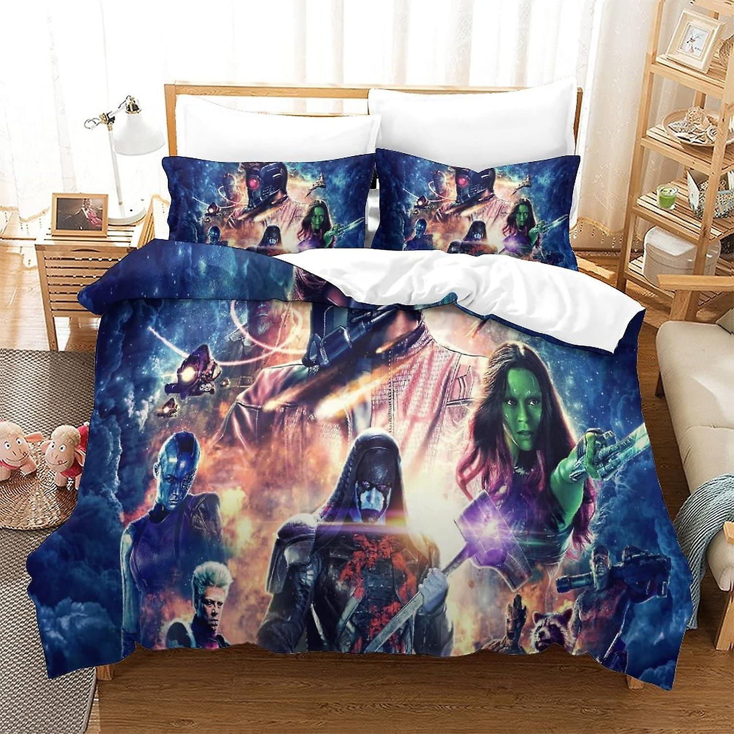 HOUKIG סט שמיכת מזרן שומרי הגלקסיה סט מצעים מודפס 3 חלקים גיבורי על כיסוי שמיכה 3 חלקים עם רוכסן לבני נוער ומבוגרים