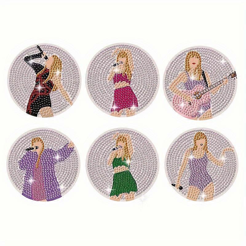 鮮やかな歌手ダイヤモンドアートコースター-6PCSセット、10 * 10cmスパークリングクリスタルドリルDIY、耐久性のあるアクリル、滑り止め、耐熱家の装飾