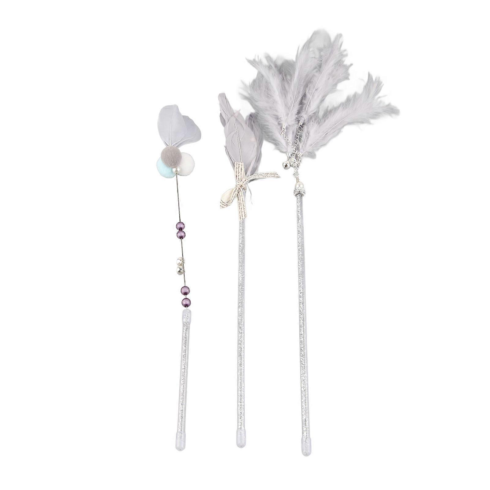 3Pcs Cat Teaser Wand Interactive Cat Feather Toy with Bell for Cat Kitten Playing Grey
