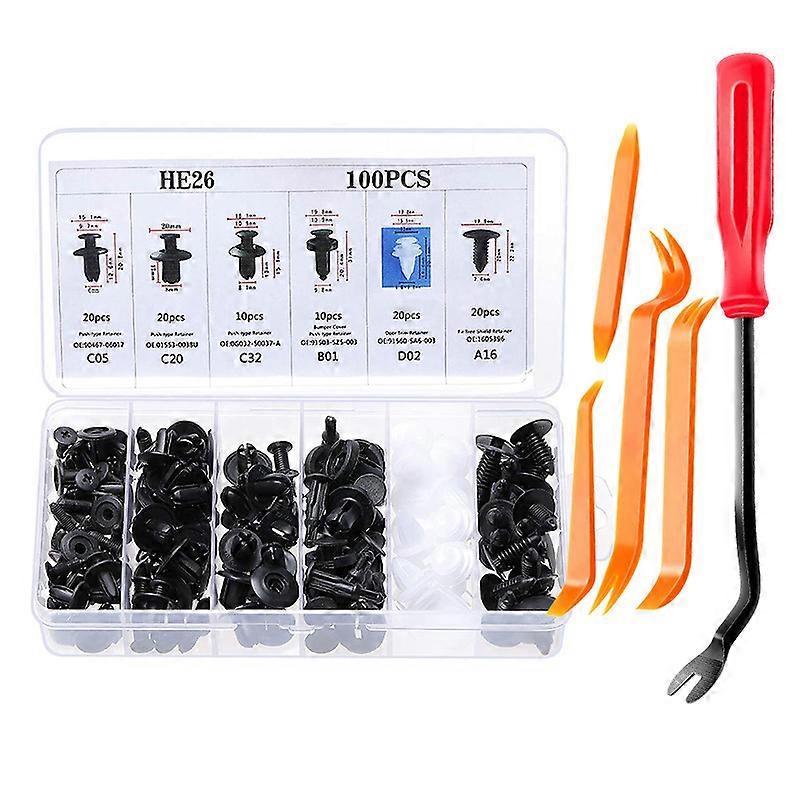 100 Pieces Plastic Rivet Clips Plastic Rivets Protective Fasteners with Multi Shapes and Sizes Universal for Auto Cars Door Panels with Removal Tool (
