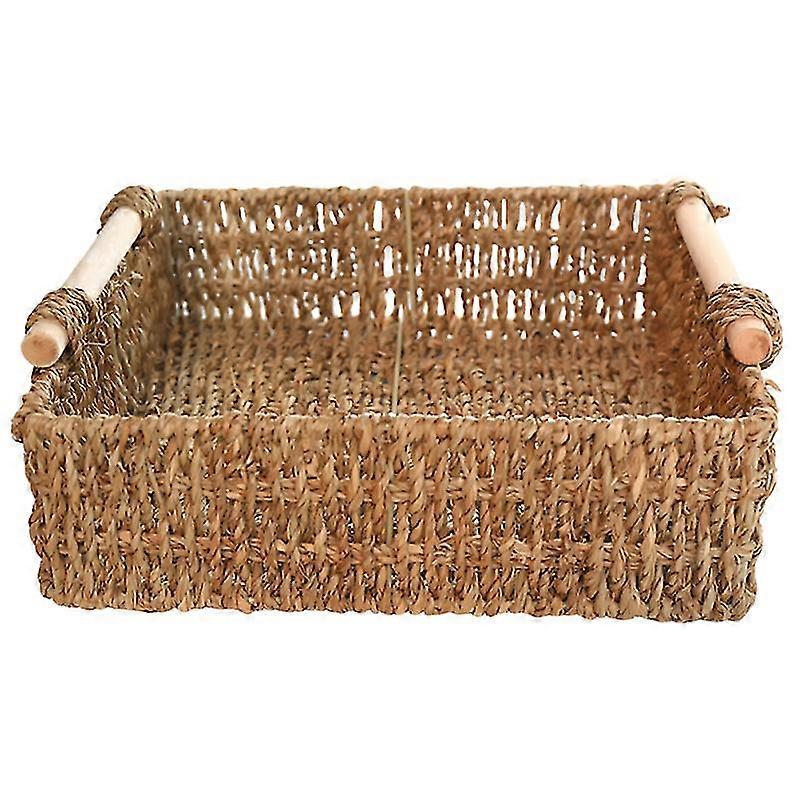 straw basket wooden handle table simple storage basket for sundries cosmetics key (large size 29x29x9cm)