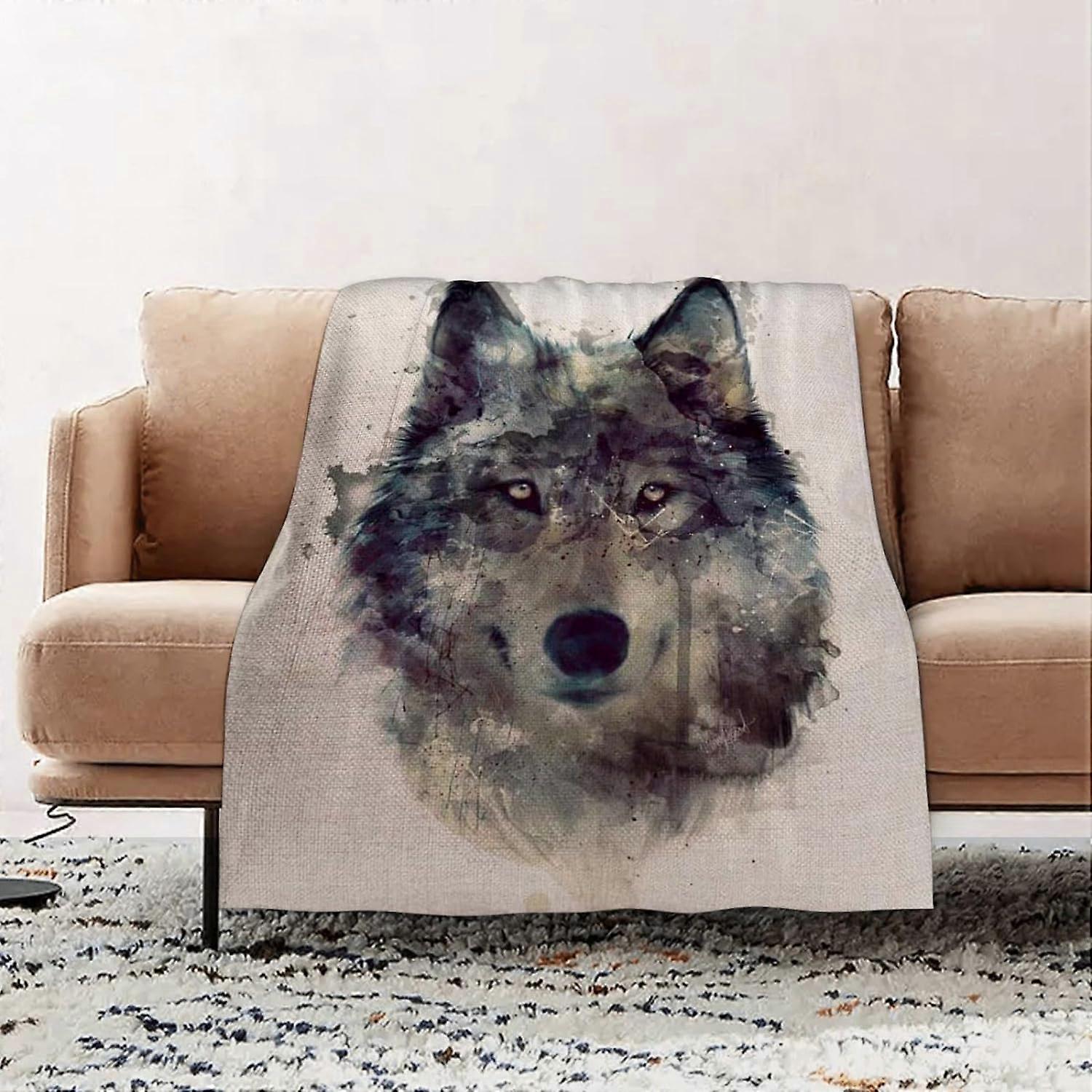 Premium Flannel Throw Blanket Vintage Animal Smile Wolf Painting