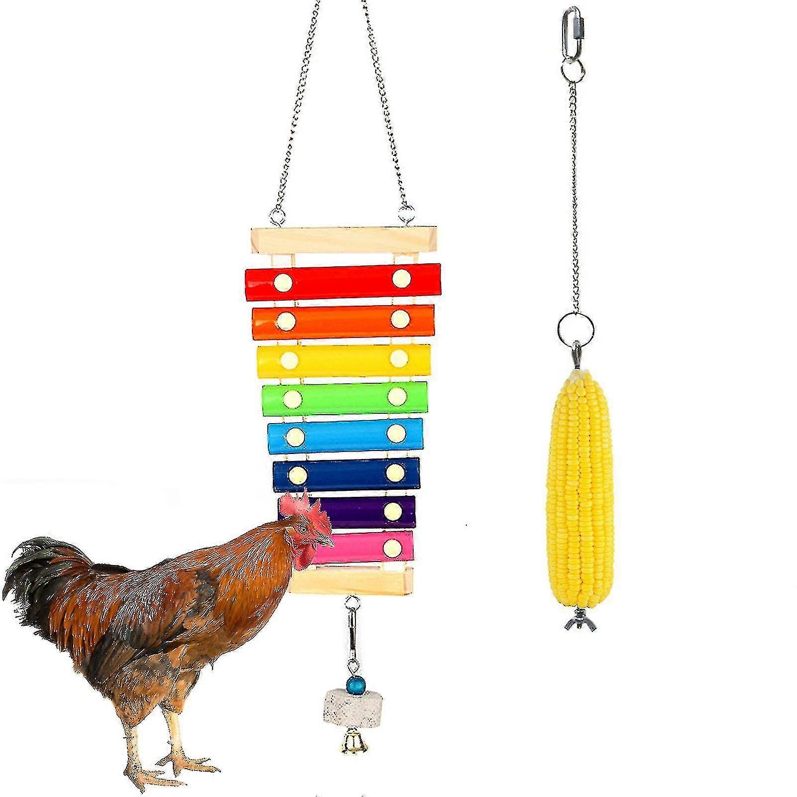2pcs/set Chicken Suspensible Wood Xylophone Pecking Toy Veggies Skewer Fruit Holder Hens Vegetable Hanging Feeder With 8 Metal Keys