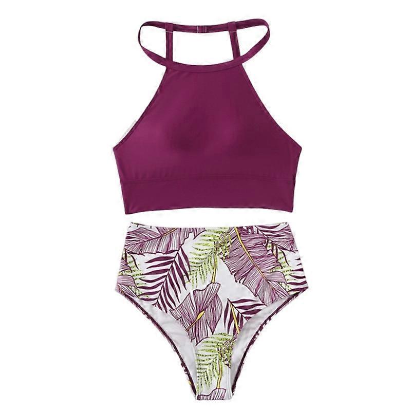 Women's Bikini Sets High Neck Tropical Leaf Print High Waisted Two Pieces Swimsuits Bathing Suits