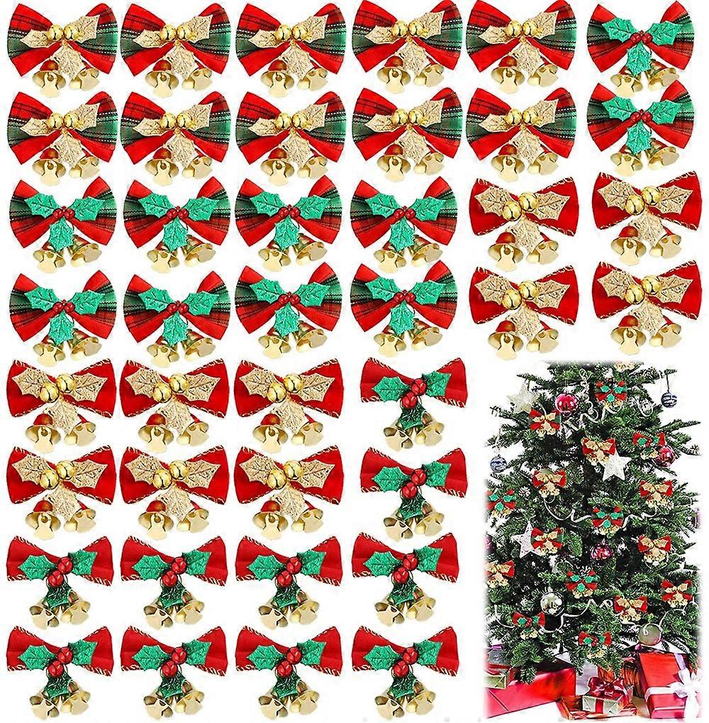 30 Pieces Christmas Bow with Bells Mini Ribbon Bows Burlap Wreath Bows Red Gold Green Wrapping Bows Hanging Xmas
