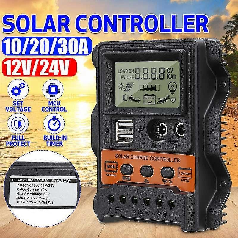 10A 20A 30A Auto PWM Solar Charge Controller 12V 24V LCD Display Dual USB PWM Solar Panel Charger Regulator Battery Controller
