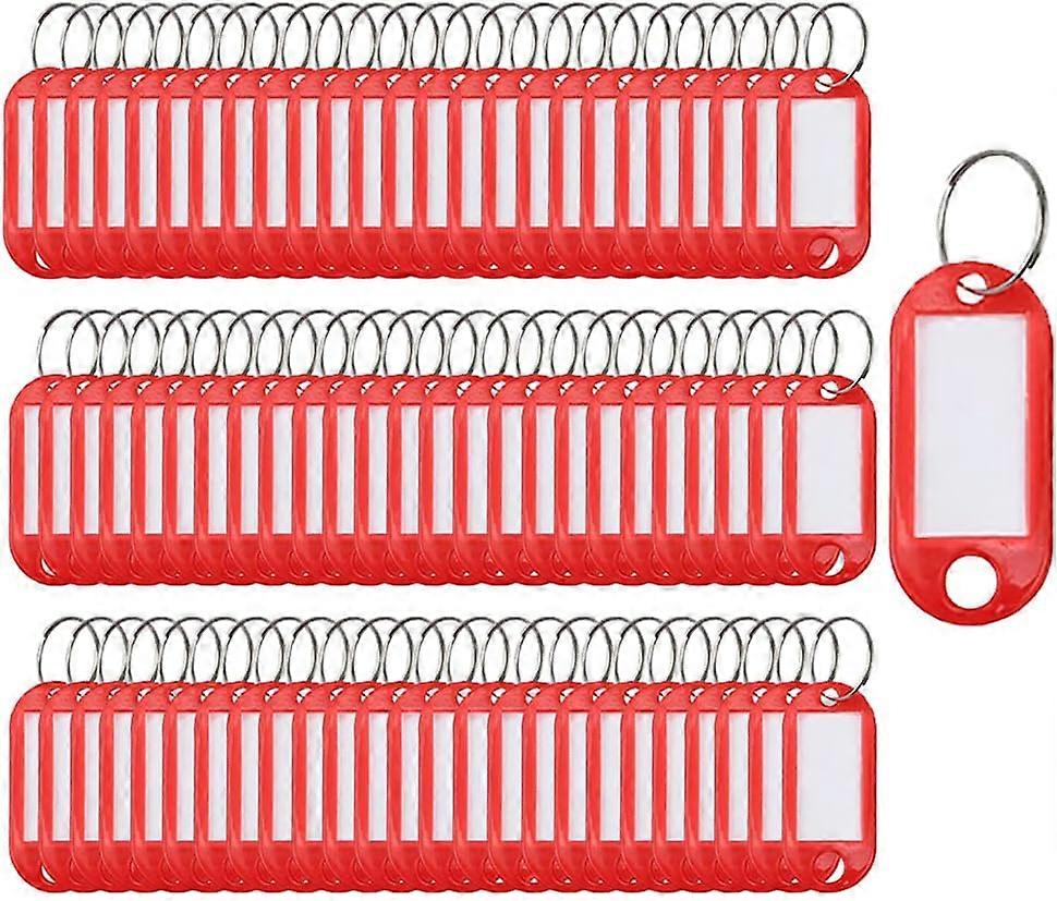 100 Pack Plastic Key Tags with Split Ring (Red)