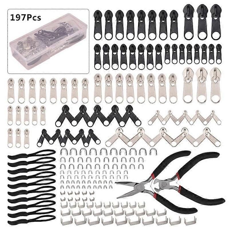 Replacement Zipper Repair Kit with Zipper Pliers and Extension Pullers for Clothing, Jackets, Backpacks (Silver and Black)