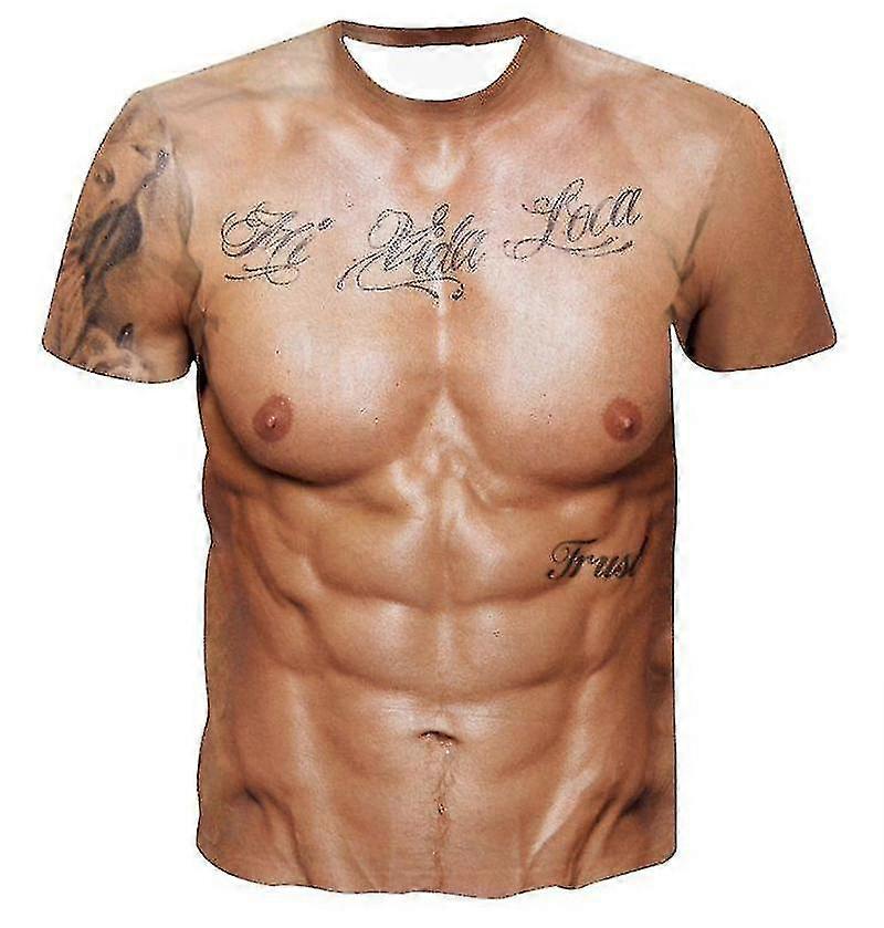 مضحك 3d العضلات تي شيرت قصيرة الأكمام اللياقة البدنية بارد المحملة ملابس الشارع تأثيري وهمية العضلات قميص عالية الجودة