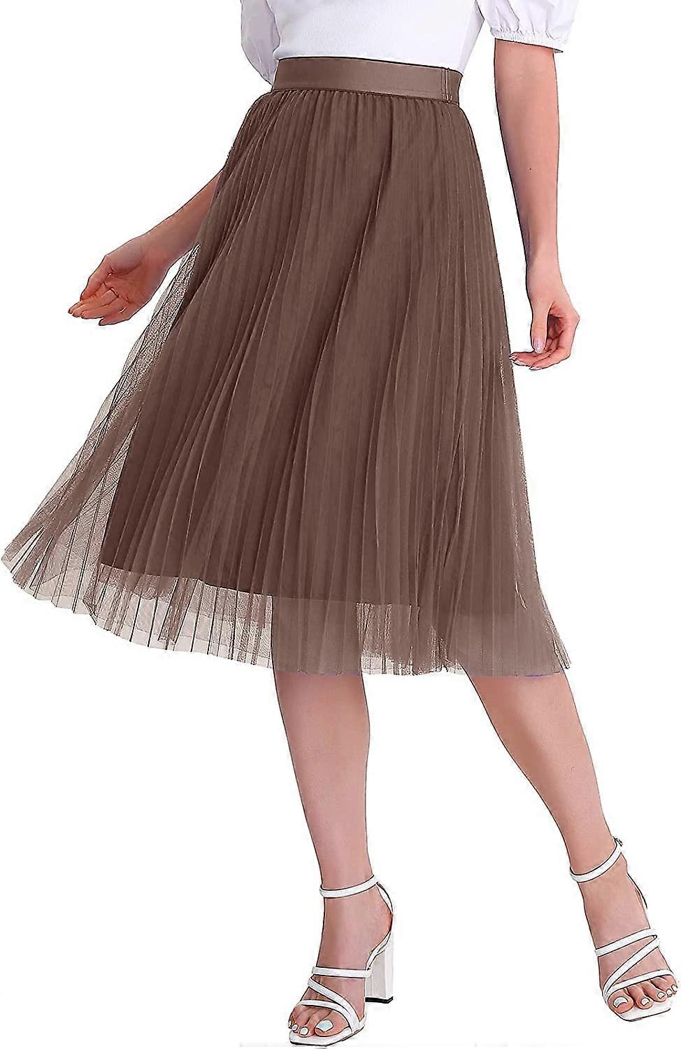 Womens Tulle Skirts Midi Elastic High Waist Pleated Mesh Flowy A-Line Party Long Tutu Skirts S-2XL
