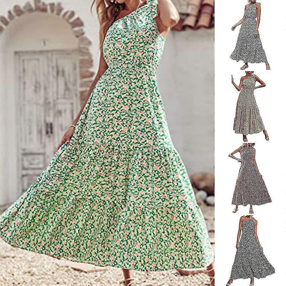 Women's Summer Sleeveless Maxi Dress Tie Slanted One Shoulder Beach Cover-up
