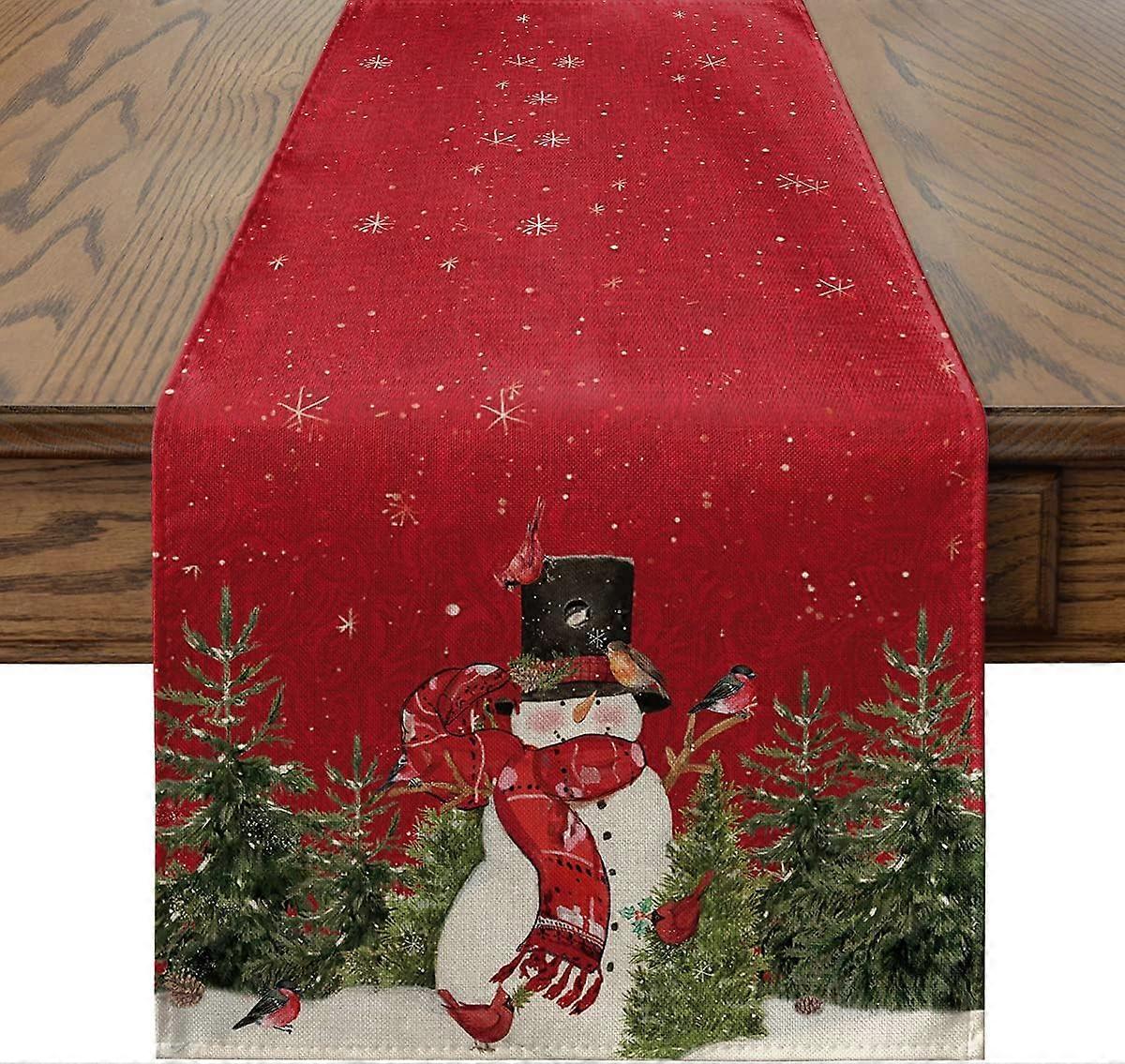 Red Snowman and Bird Pattern Table Runner Washable Modern Winter Kitchen Dining Table Decoration 33*178cm