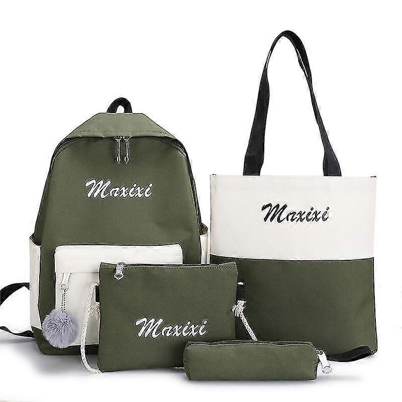 4 Piece Canvas Backpack Simple Style Green