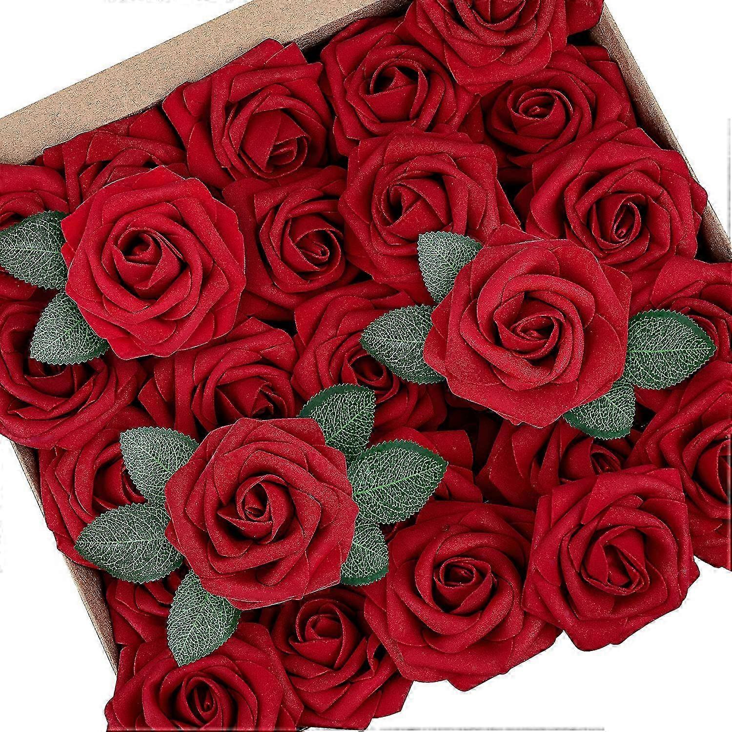 50-Piece DIY Foam Artificial Roses with Stem, Red
