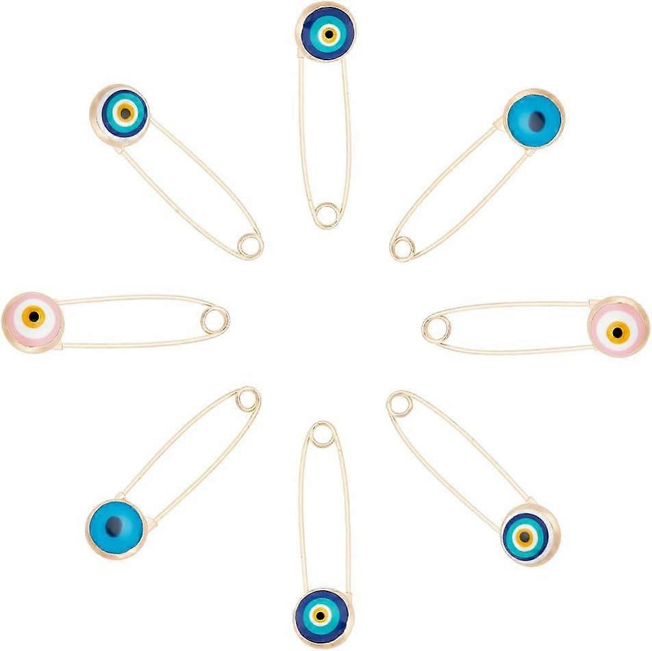 8 Pcs Evil Eye Safety Pins 4 Colors Alloy & Glass Lucky Eyeball Brooch Charm Golden Colorful Crystal Safety Pins