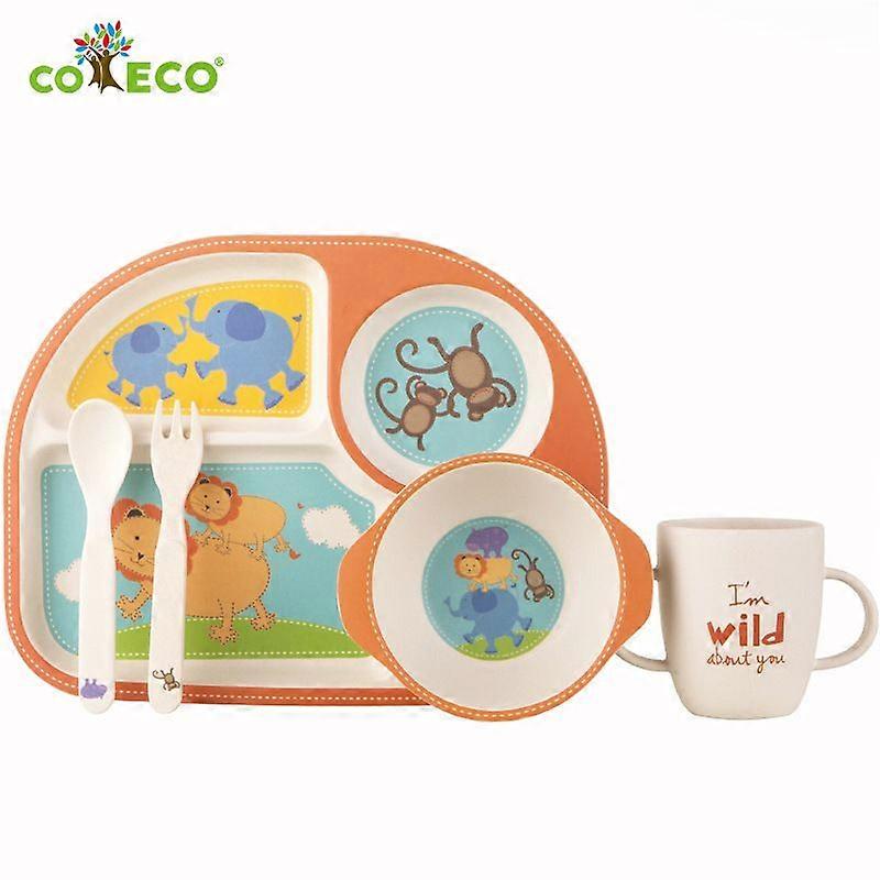 Bamboo Kids Dinnerware Set - Children Dishes - Food Plate Bowl Cup Spoon Fork Set Dishware, Cartoon Tableware, Dishwasher Safe Kids Healthy Mealtime,