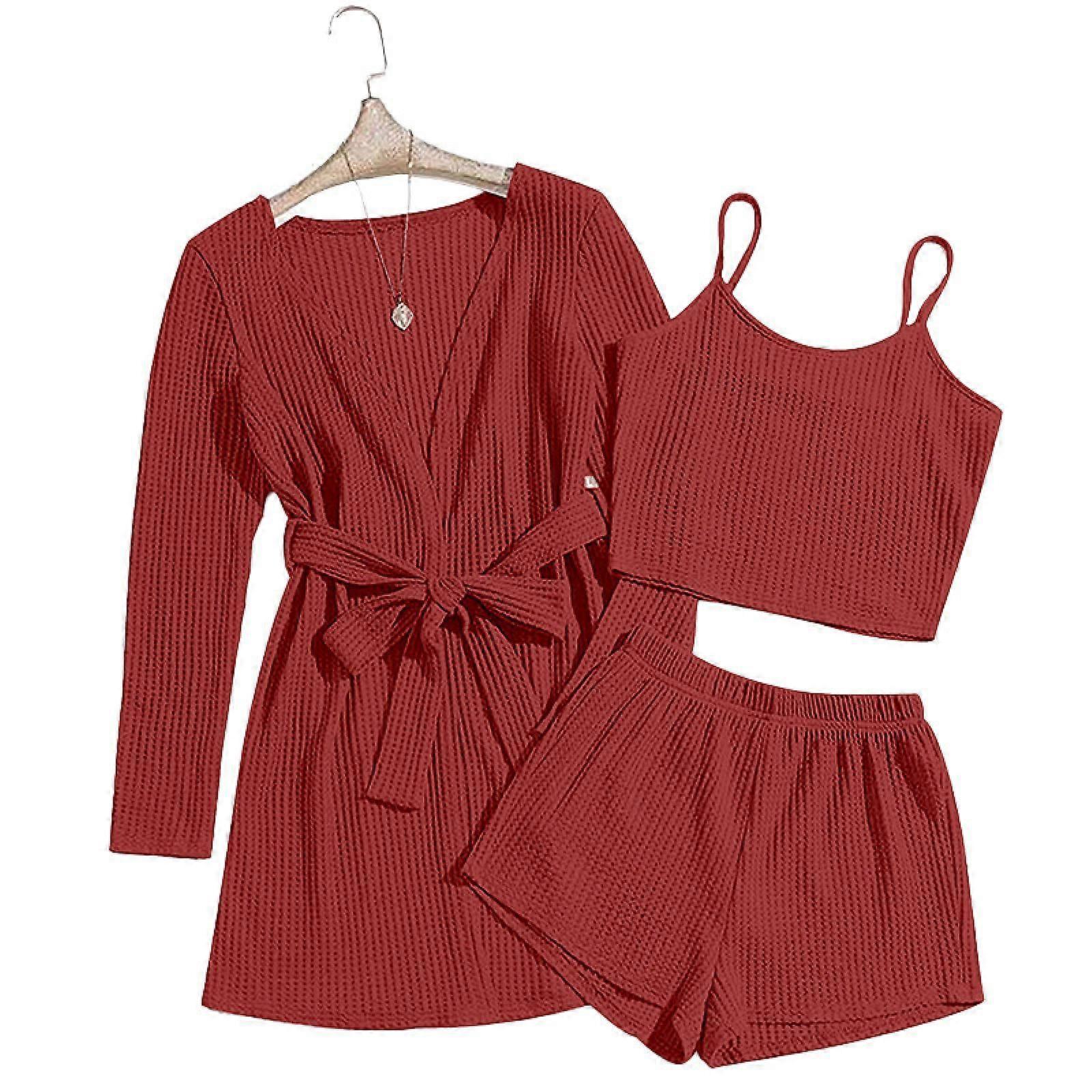 Womens 3 Piece Waffle Knit Lounge Set Soft Pajama Sets Tank Top and Shorts Loungewear Long Cardigan with pocket M