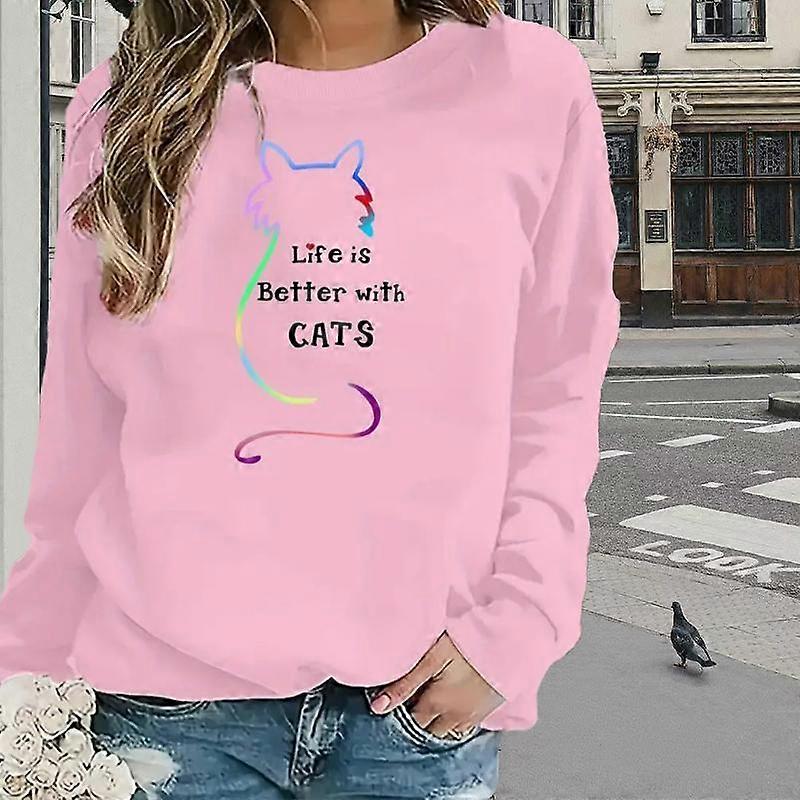 Topy Dla Kobiet Kolorowa Linia Kot Nadruk Okrągły Dekolt Koszulka Z Długim Rękawem Jesień Casual Slim Pullover Damski Top z długim rękawem