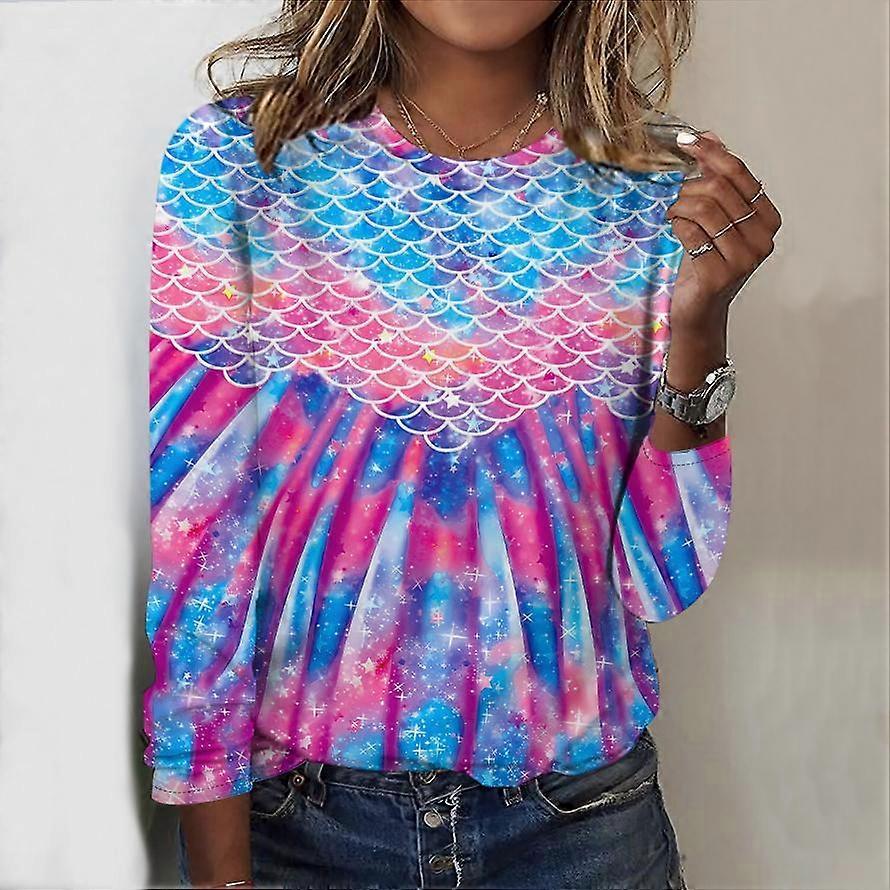 Női felsők Gyémánt Halpikkelyek Nyomtatott Kerek Hosszú ujjú póló Ősz Hétköznapi Vékony pulóver Női Hosszú ujjú Felső