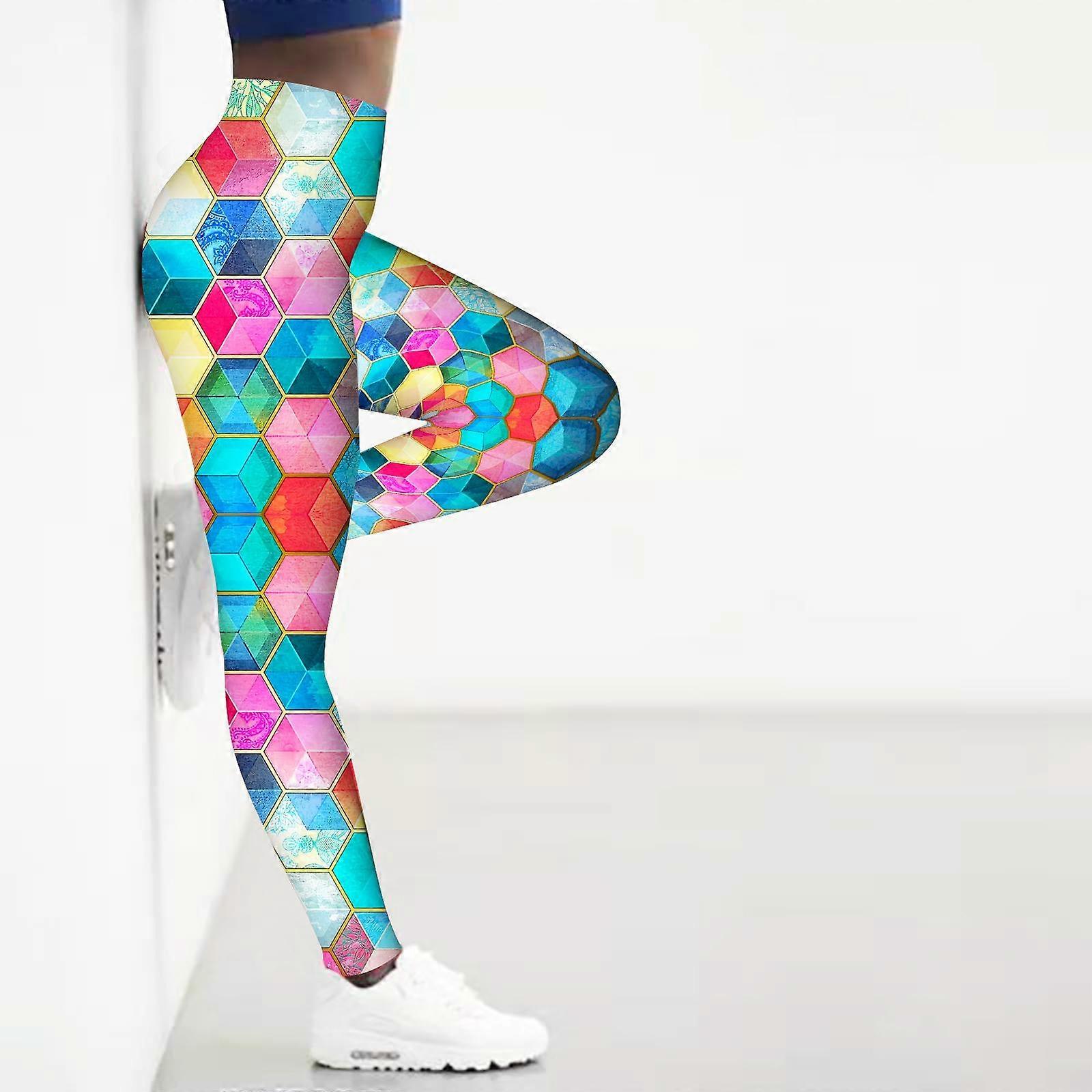 Leggings femininas de ioga elástica com estampas hexagonais para fitness e academia de ginástica com calças ativas
