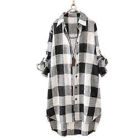 Oversized Soft Breathable Women's Plaid Print Long Sleeve Lapel Single-breasted Top with Contrast Color Irregular Hem
