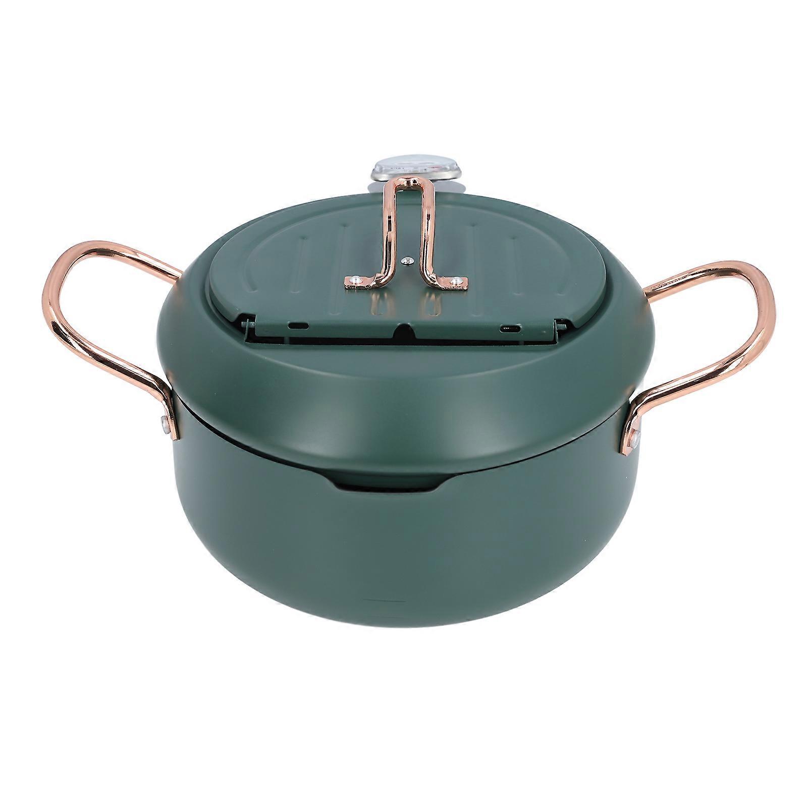 Frying Pot Japanese Style Tempura Fry Pot Double Handles Iron Cooking Pot with Oil Temperature Gauge for Dishes Soup Green