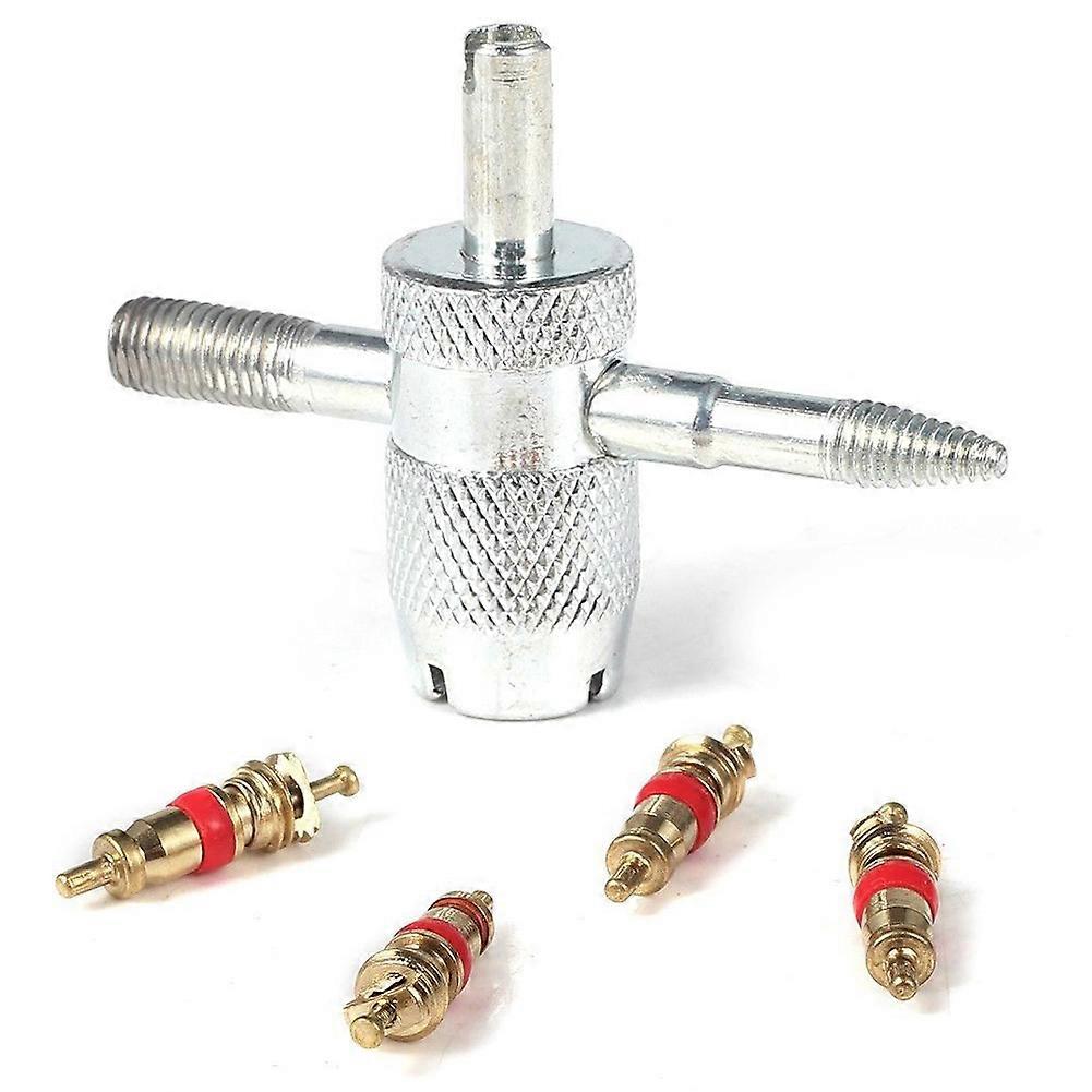 Car Bike 4 Way Tyre for Valve Repair Standard Tire Remover Tool + 4 Stem Cores K  Silver