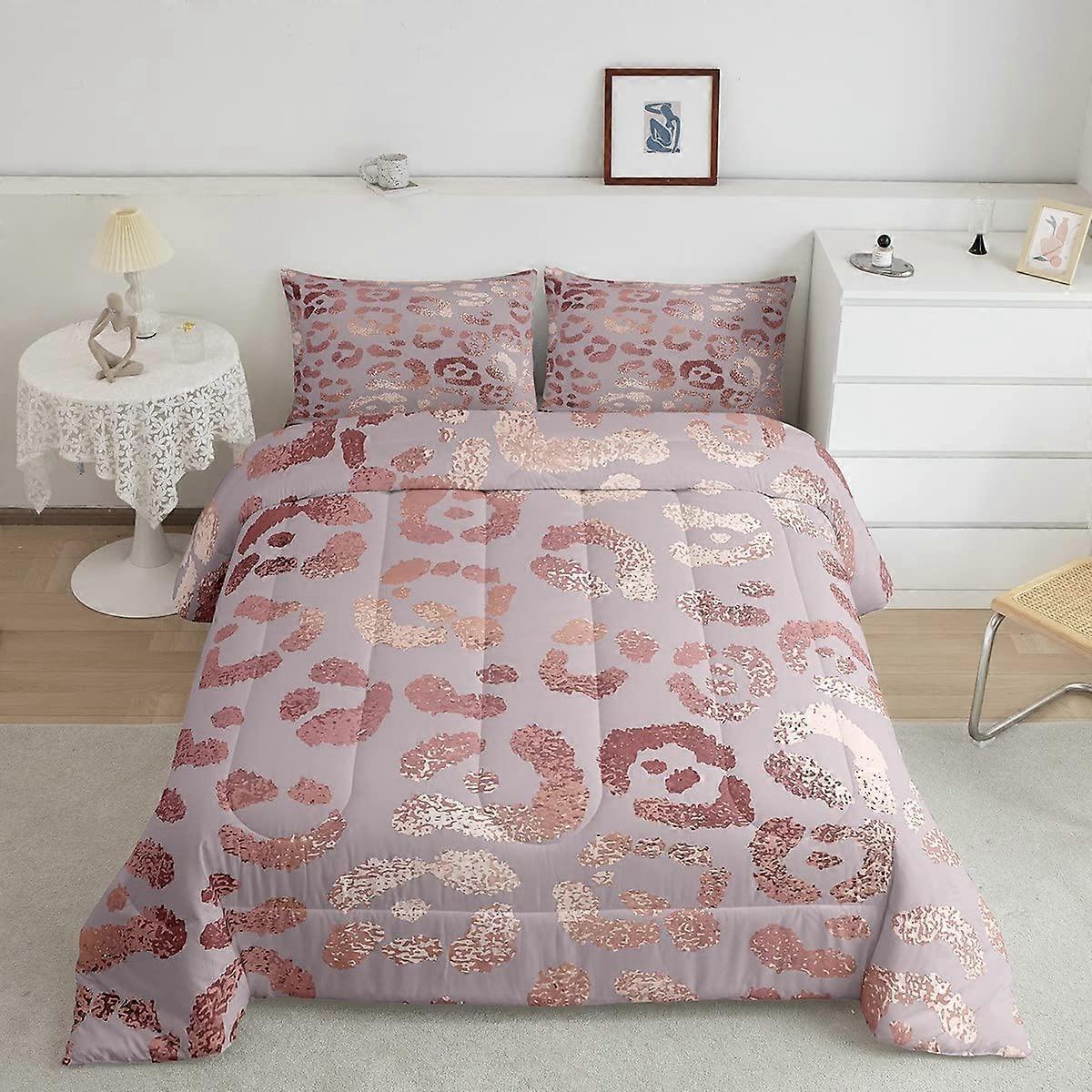 Cheetah Print Bedding Comforter Sets Full, Rose Gold Leopard Print Duvet Insert, Luxury Pink Sequin Quilted Comforter