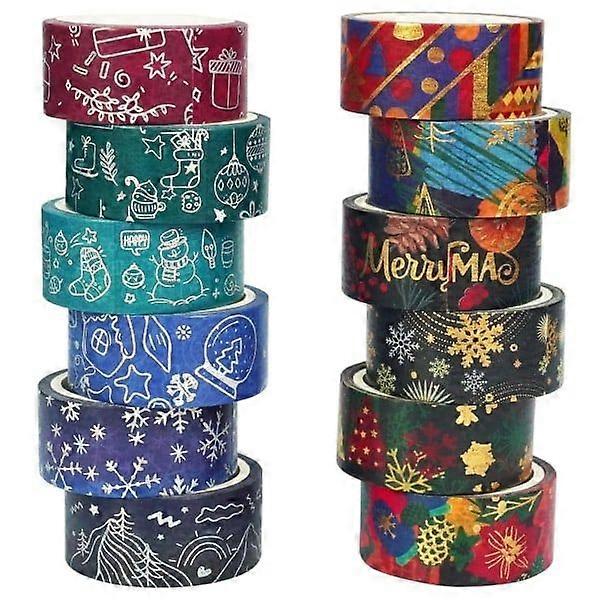 12 rolls of Christmas tape with decorative mixed Christmas patterns