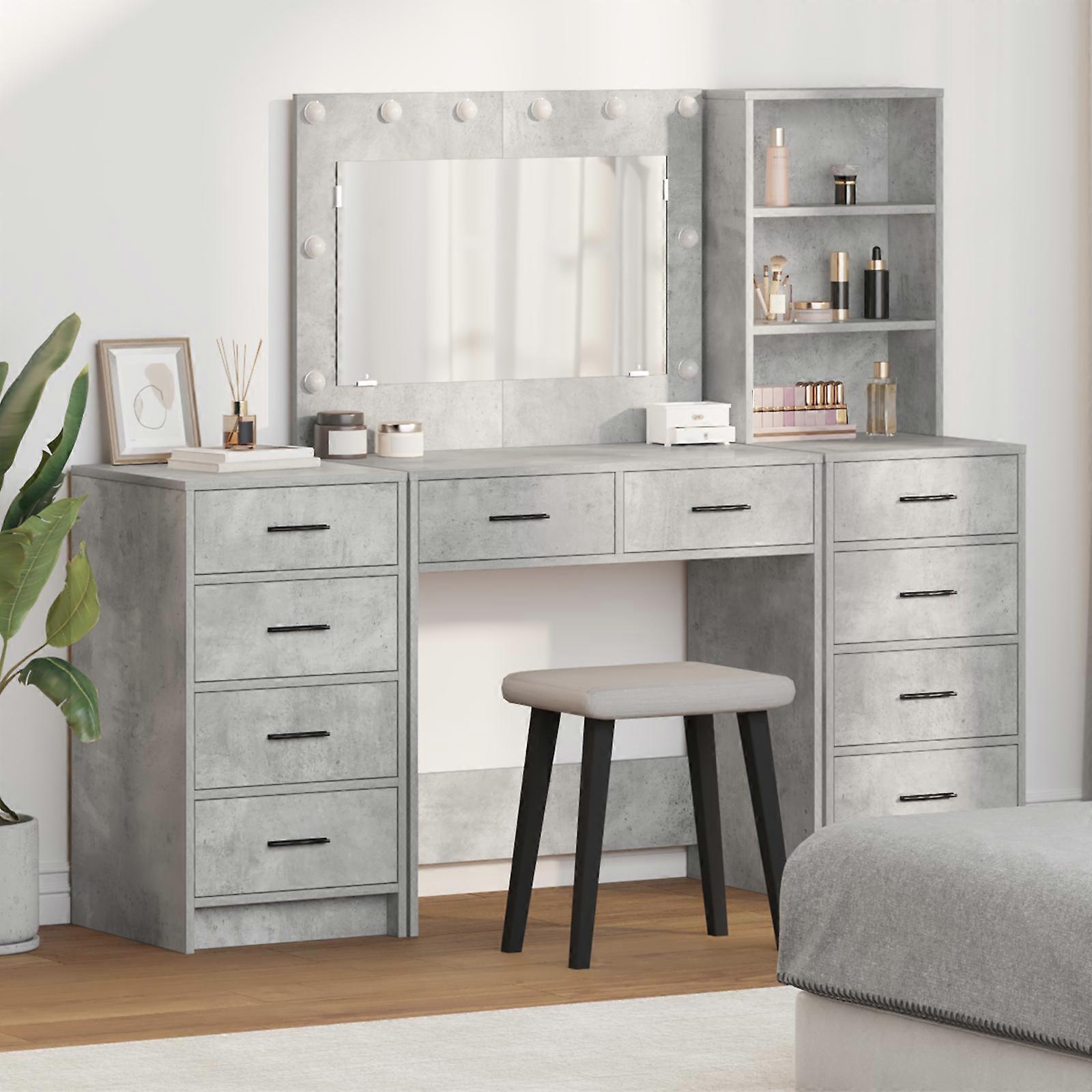 3 Piece Dressing Table Set with LED - Concrete Grey Engineered Wood