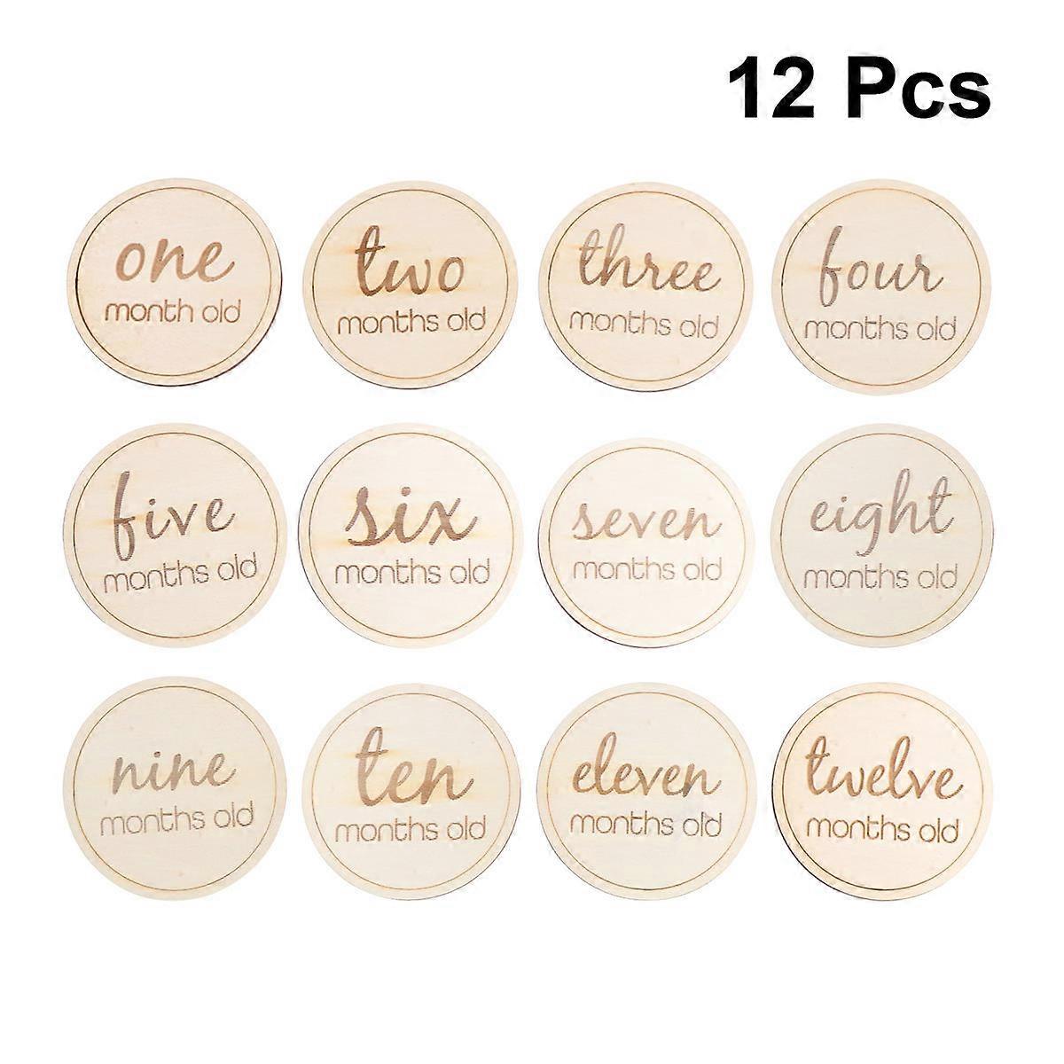 12pcs Wooden Monthly Baby Milestone Cards Set for First Year Growth Photography (Round English Design)