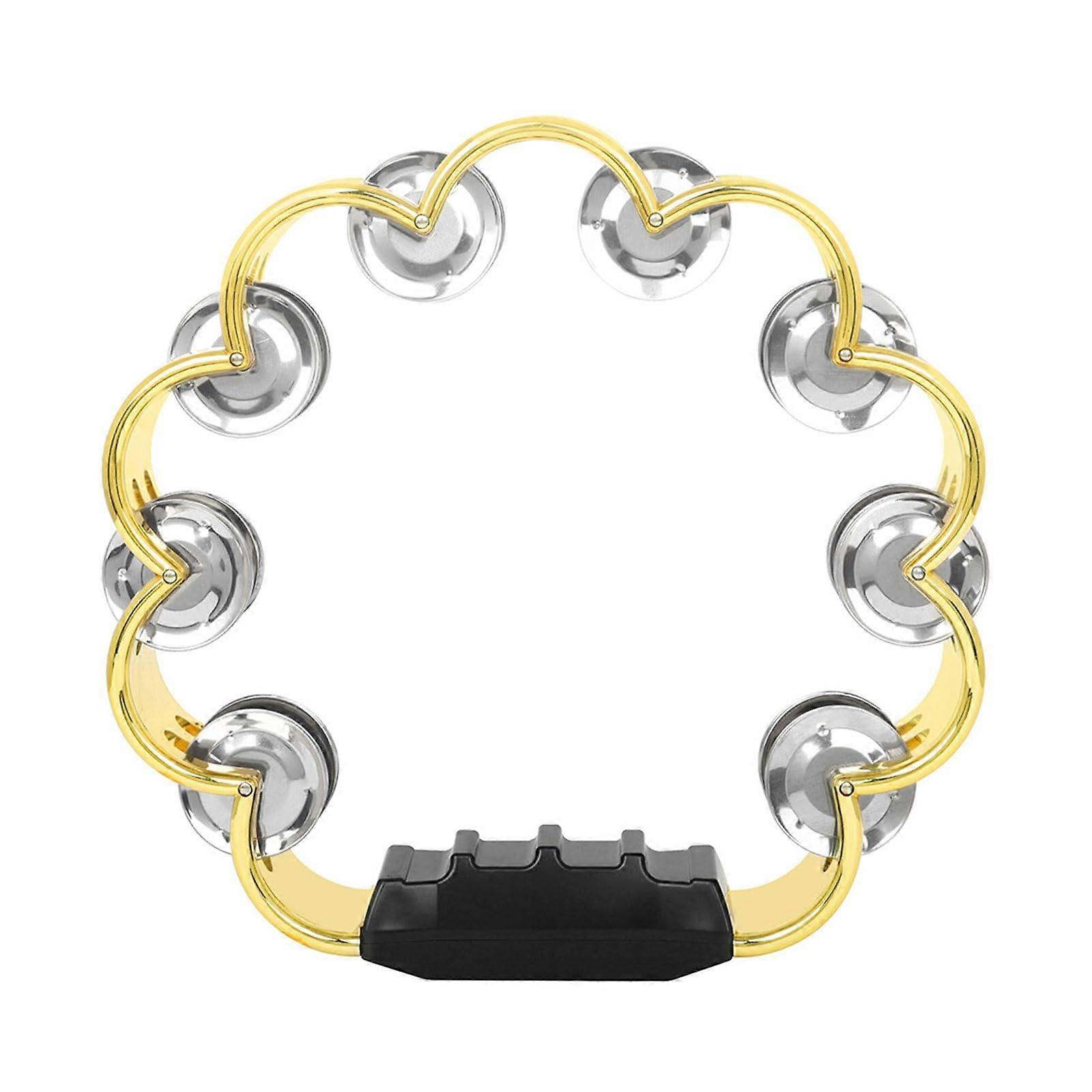 Doublerow tambourine for adults, with 16 metal jingles, percussion instrument gold