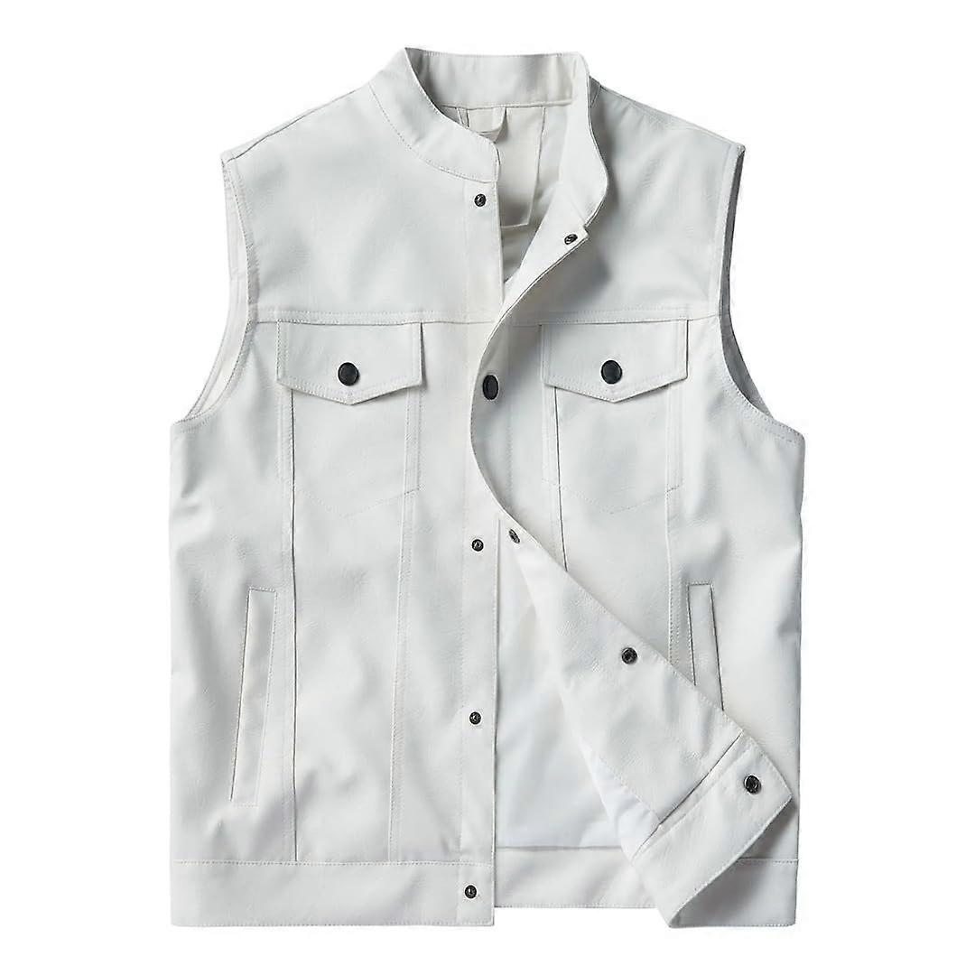 Mens Classic Leather Vest Multi Pocket Sleeveless PU Jacket Riding Biker Vest White XL