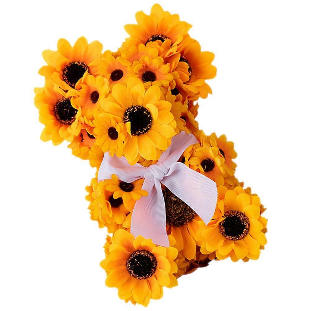 Orange Sunflower Bear Decor Statue for Bedroom Decoration with Silk Flowers Plastic Material 6.3 Inches