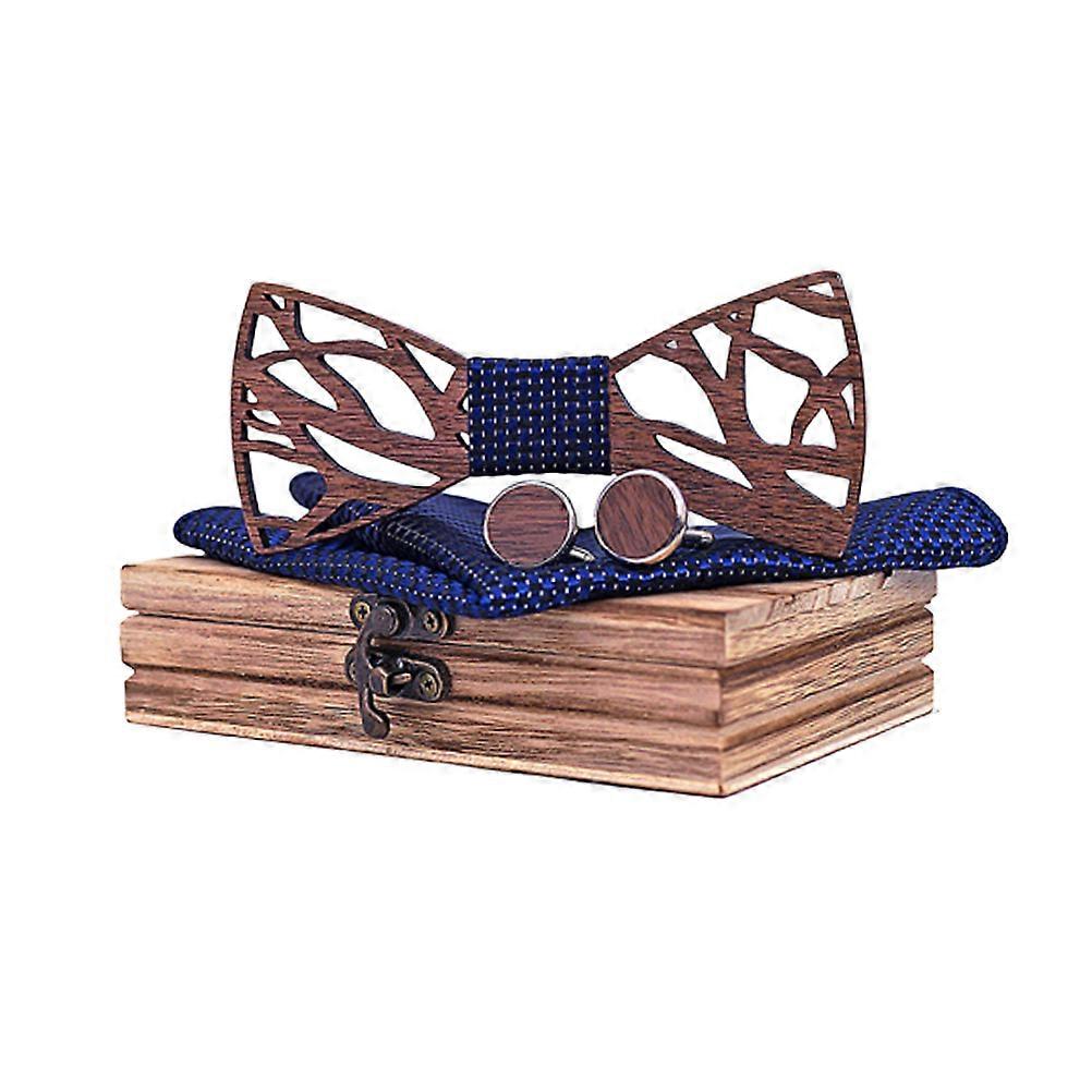 Hollow Bowtie Set with Cufflinks Square Towel and Wooden Box for Men Wedding Decor Dark Blue
