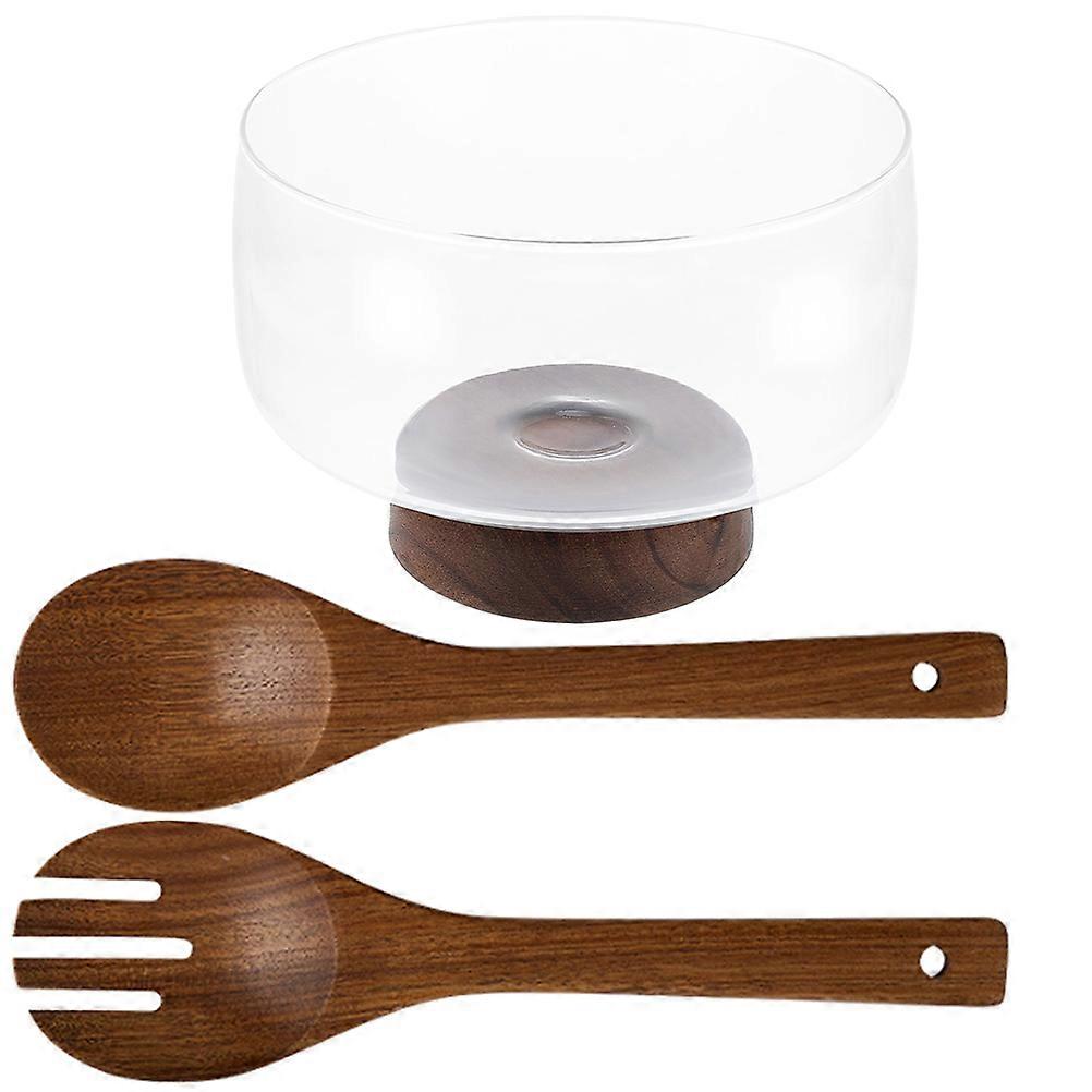 Functional Glass Salad Serving Bowl With Wooden Base For Snack Use Available In Assorted Color 1 Set