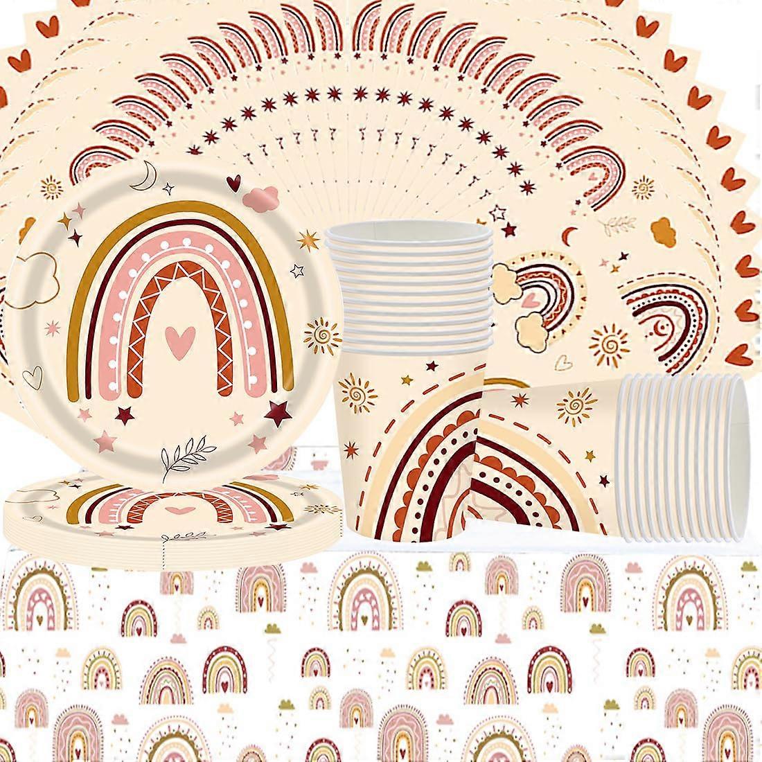 Bohemian Rainbow Party Tableware Set, Serve 24 Guests Birthday Party Tableware, Tablecloths, Plates, Cups, Napkins for Party Supplies Birthday